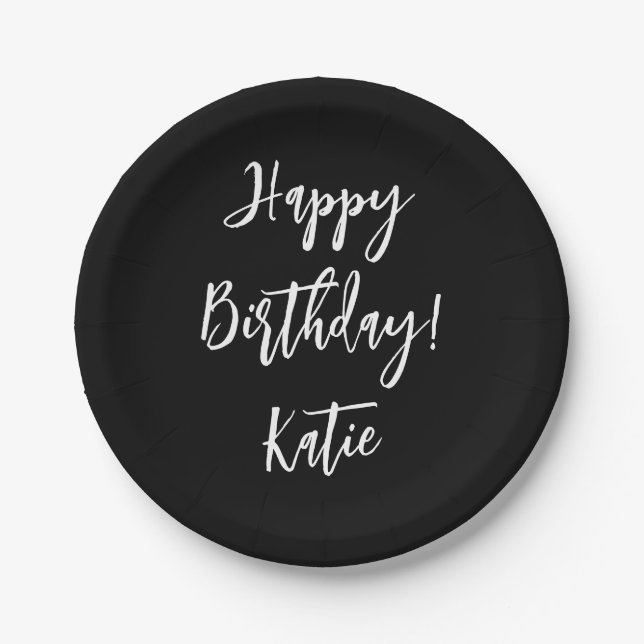 Happy Birthday black white personalised script. Paper Plate (Front)