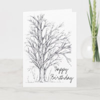 Happy Birthday Black White Tree Line Art Drawing