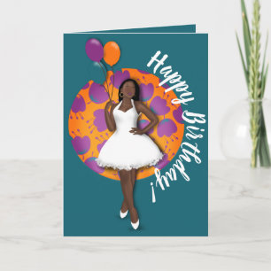 Happy Birthday! Black Woman, Balloons & Flowers Card