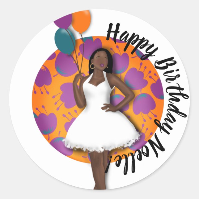 Happy Birthday! Black Woman, Balloons & Flowers Classic Round Sticker (Front)