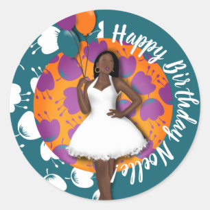Happy Birthday! Black Woman, Balloons & Flowers  Classic Round Sticker