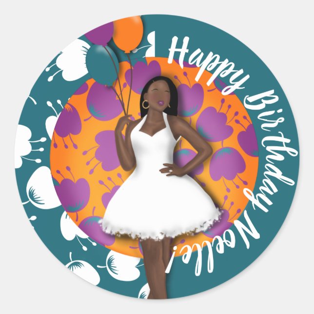 Happy Birthday! Black Woman, Balloons & Flowers  Classic Round Sticker (Front)