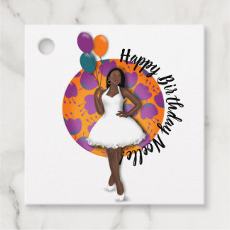 Happy Birthday! Black Woman, Balloons & Flowers Favour Tags