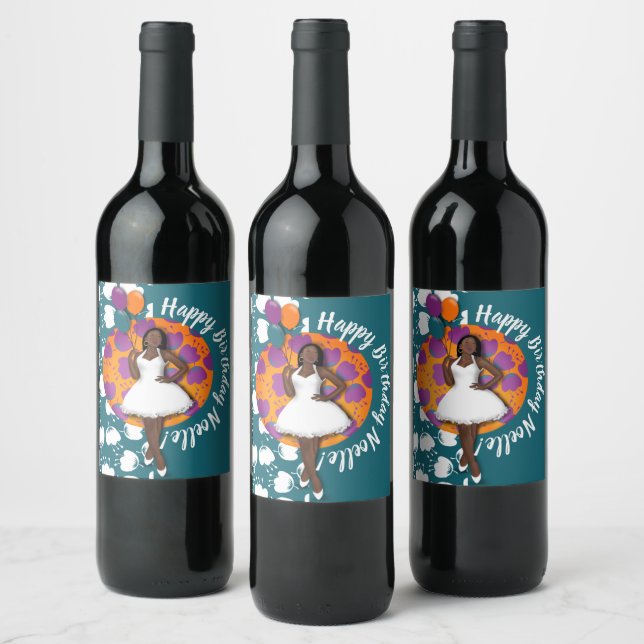 Happy Birthday! Black Woman, Balloons & Flowers Wine Label (Bottles)