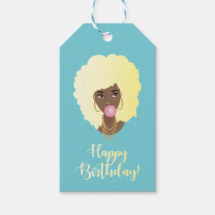 Happy Birthday! Black Woman Blonde Afro, Gum, Blue Gift Tags