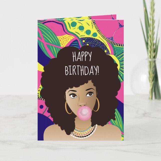 Happy Birthday! Black Woman, Bubblegum, Colourful Card (Front)