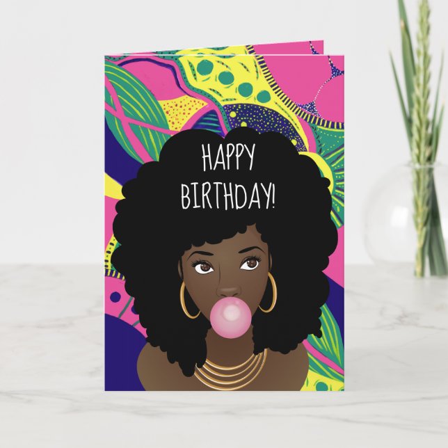 Happy Birthday! Black Woman, Bubblegum, Colourful Card (Front)