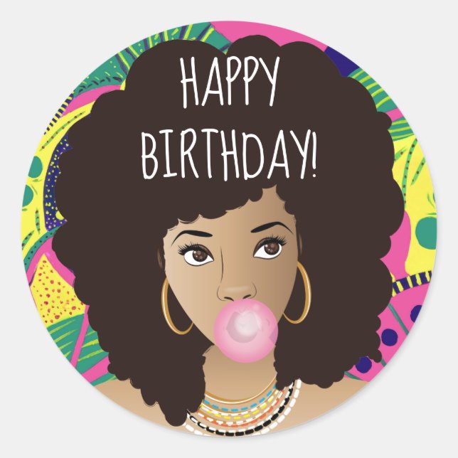 Happy Birthday! Black Woman, Bubblegum, Colourful Classic Round Sticker (Front)