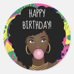 Happy Birthday! Black Woman, Bubblegum, Colourful Classic Round Sticker