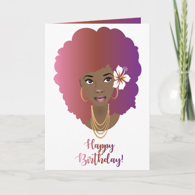 Happy Birthday! Black Woman, Colourful Afro, Flowe Card (Front)