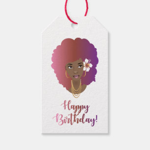 Happy Birthday! Black Woman, Colourful Afro, Flowe Gift Tags