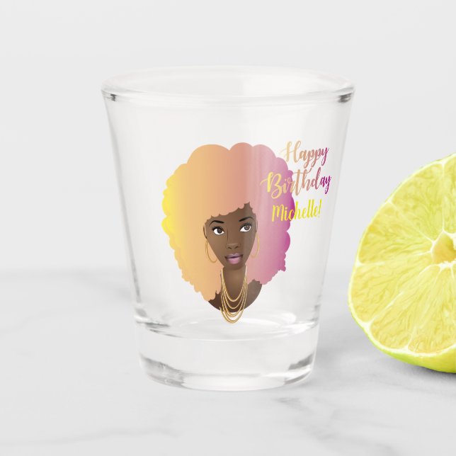 Happy Birthday! Black Woman, Colourful Natural Hai Shot Glass (Front)