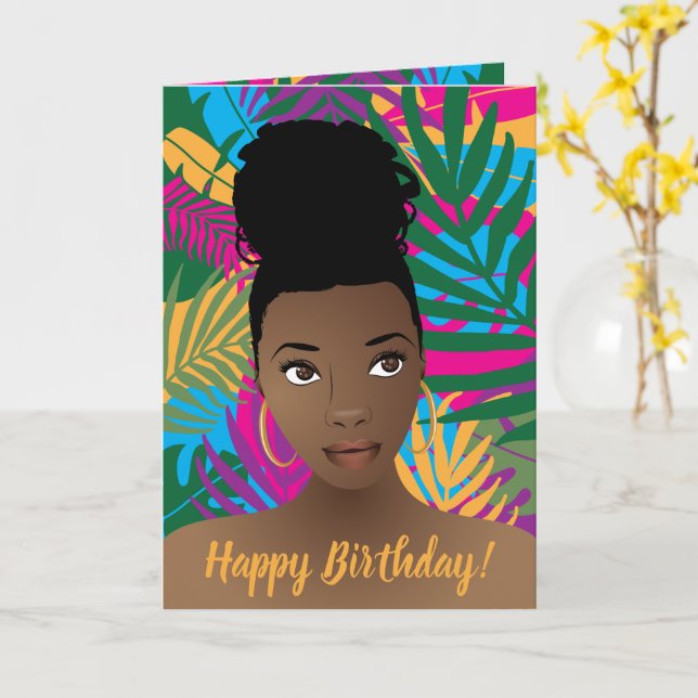 Happy Birthday! Black Woman, Colourful Tropical Card (Yellow Flower)