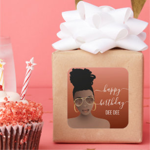 Happy Birthday Black Woman Gold Shades Copper Square Sticker