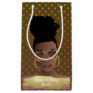 Happy Birthday! Black Woman Gold Shades, Green Small Gift Bag