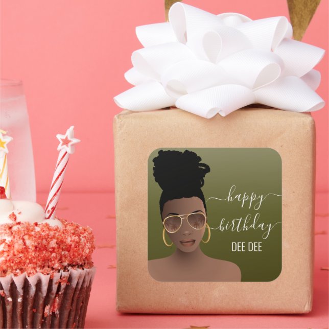 Happy Birthday Black Woman Gold Shades Olive Green Square Sticker (Party)