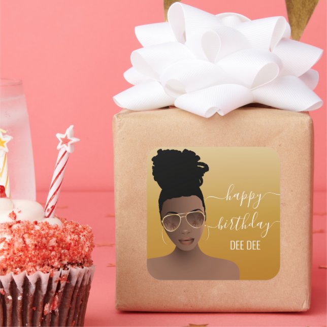 Happy Birthday Black Woman Gold Shades Yellow Gold Square Sticker (Party)