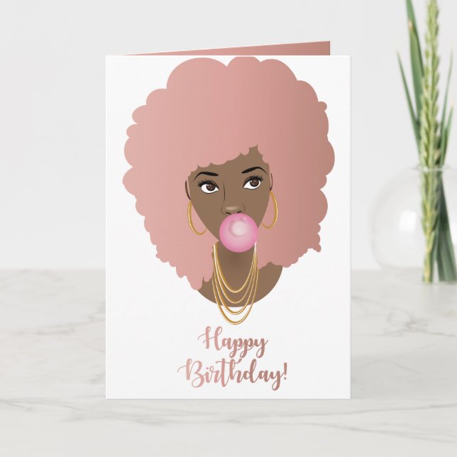 Happy Birthday! Black Woman, Pink Hair Pink Gum Card (Front)