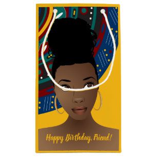 Happy Birthday! Black Woman, Tribal Inspired, Gold Small Gift Bag
