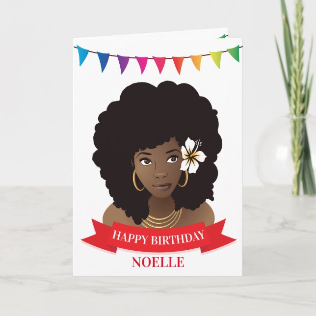 Happy Birthday, Black Woman w/Flower, Colourful Card (Front)