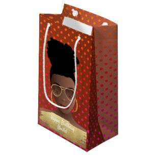 Happy Birthday! Black Woman w/Gold Shades, Brown Small Gift Bag