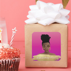 Happy Birthday! Black Woman w/Gold Shades Magenta Square Sticker