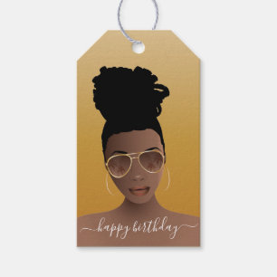 Happy Birthday, Black Woman w/Shades Yellow Gold Gift Tags