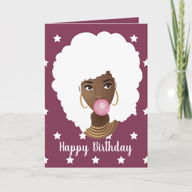 Happy Birthday! Black Woman, White Hair & Stars Card (Front)
