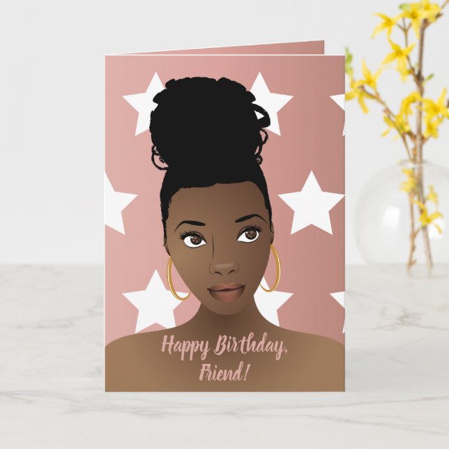 Happy Birthday! Black Woman, White Stars, Pink Card (Yellow Flower)
