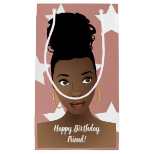Happy Birthday! Black Woman, White Stars, Pink Small Gift Bag