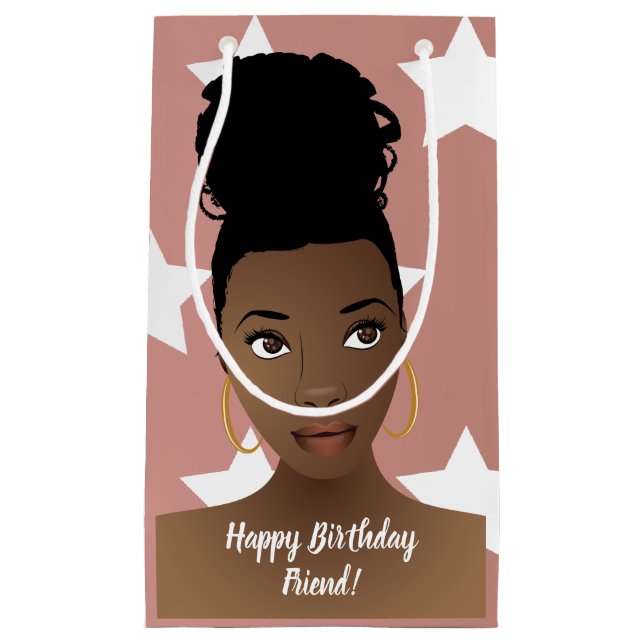 Happy Birthday! Black Woman, White Stars, Pink Small Gift Bag (Front)