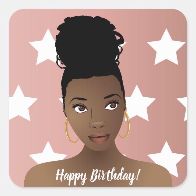 Happy Birthday! Black Woman, White Stars, Pink Square Sticker (Front)