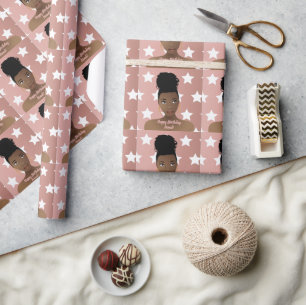 Happy Birthday! Black Woman, White Stars, Pink Wrapping Paper