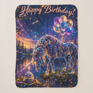 Happy birthday blanket, magical sparkling unicorn sherpa blanket