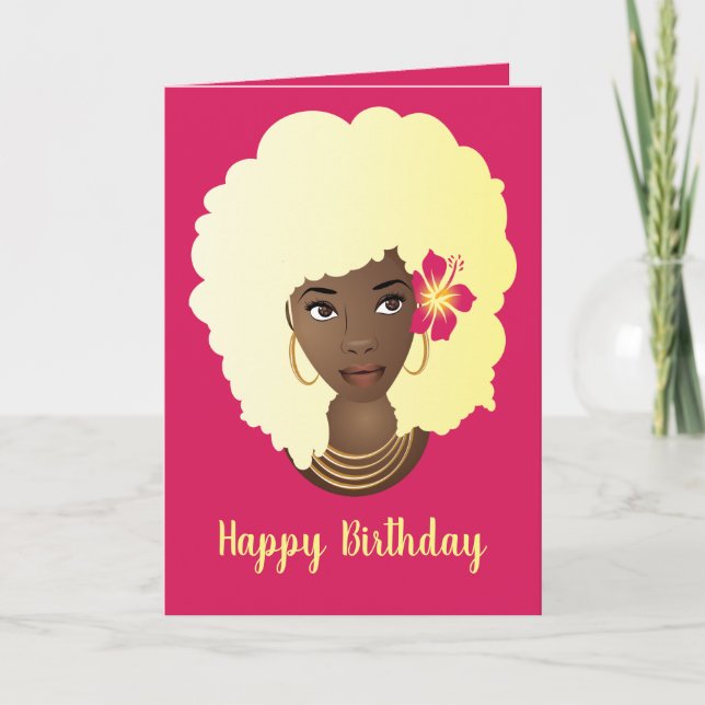 Happy Birthday! Blonde Afro, Pink, Flower Card (Front)