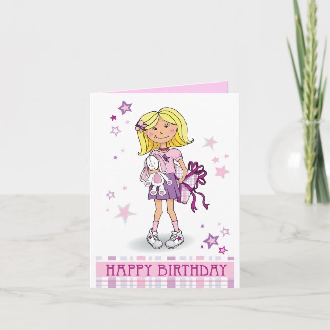 Happy Birthday blonde girl with gift birthday card (Front)