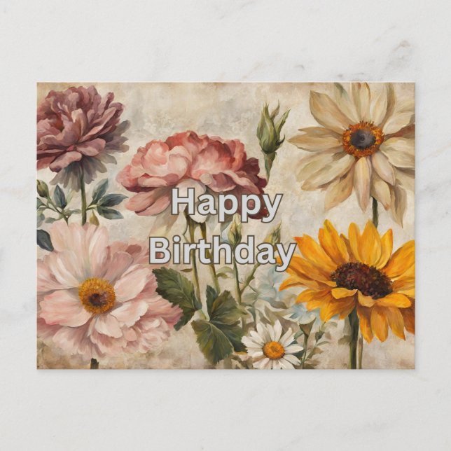 Happy Birthday Blooming Summer Flowers Postcard (Front)