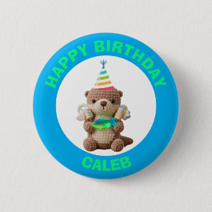 Happy Birthday Blue and Green Teddy Bear 6 Cm Round Badge