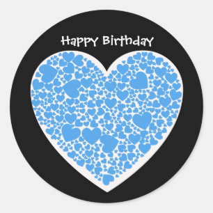 Happy Birthday, blue and white hearts Classic Round Sticker