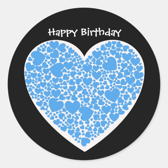 Happy Birthday, blue and white hearts Classic Round Sticker (Front)