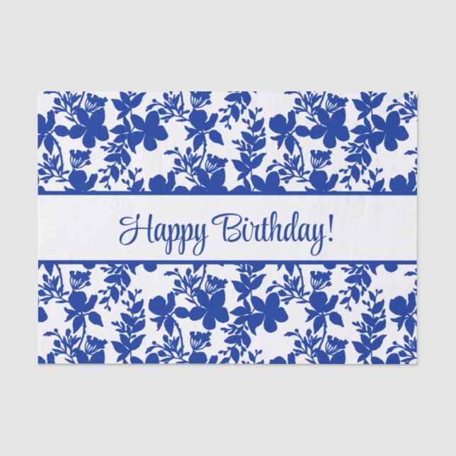 Happy Birthday Blue Azure Floral Pattern  Tissue Paper (Front)