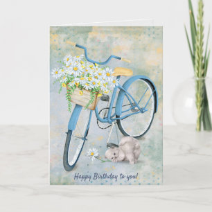 Happy Birthday blue bike with cat and daisy Card
