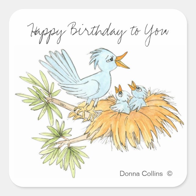 Happy Birthday Blue Birds Square Sticker (Front)