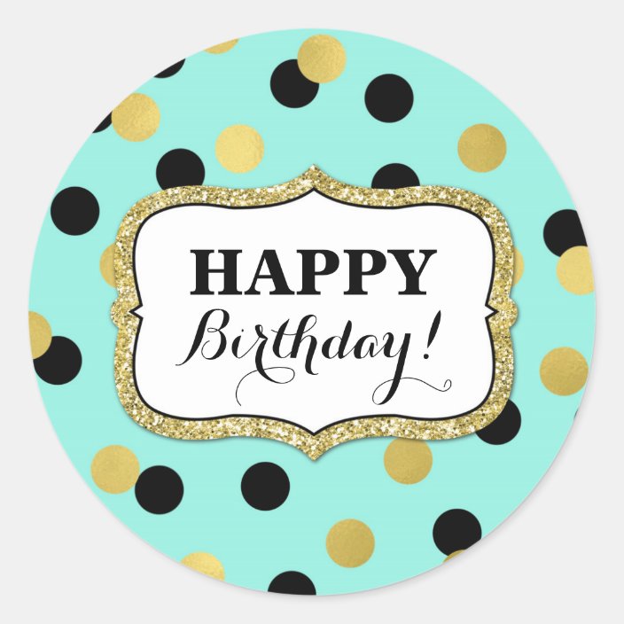 Happy Birthday Blue Black Gold Confetti Classic Round Sticker | Zazzle ...