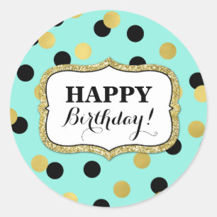 Happy Birthday Blue Black Gold Confetti Classic Round Sticker