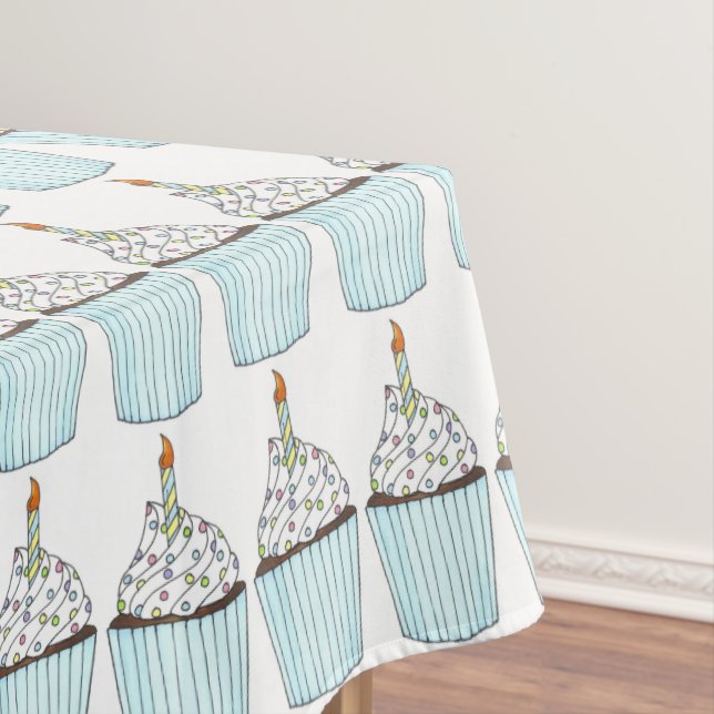 Happy Birthday Blue Cake Cupcake Candle Sprinkles Tablecloth (In Situ)