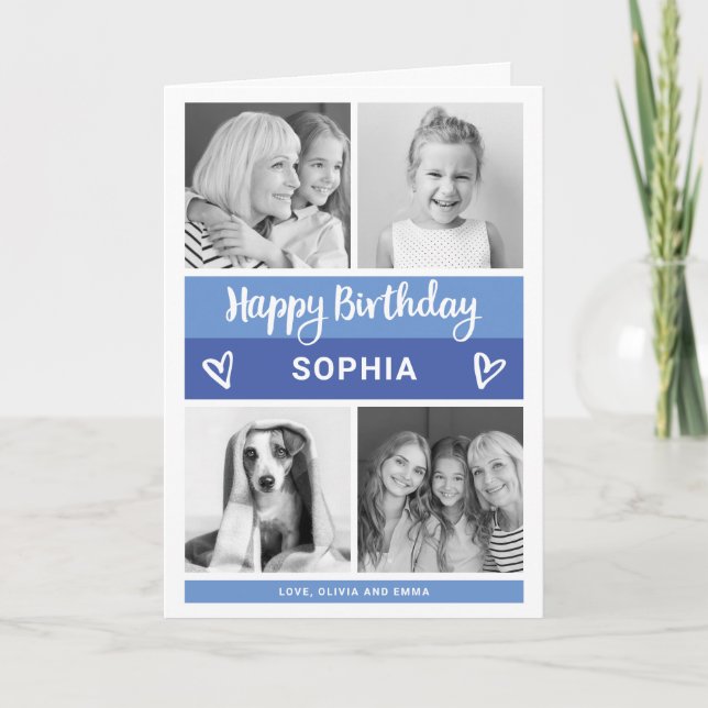 Happy Birthday | Blue Color Block Photo Grid Card (Front)