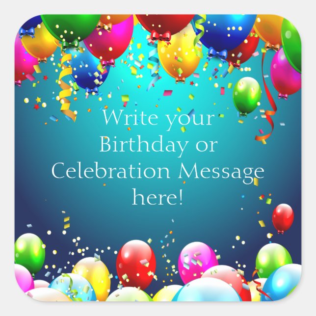 Happy Birthday - Blue Coloured Balloons - Customis Square Sticker (Front)