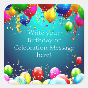 Happy Birthday - Blue Coloured Balloons - Customis Square Sticker