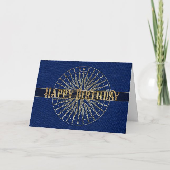 Happy Birthday Blue Compass 3D Effect Design Card (Front)